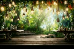le jardins de fête atmosphère, avec ampoules encadrement un vide table ai généré photo