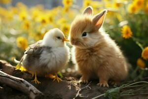 une sucré moment lapin et poussin échange une aimant, le bec à nez baiser ai généré photo