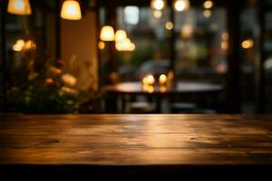 une en bois dessus de la table des stands en dehors parmi le chaud, flou café ai généré photo