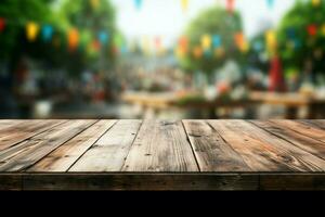 en bois table prend centre étape comme une fête se déroule derrière ai généré photo