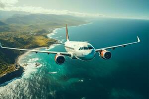 des oiseaux œil vue avion passe plus de le mer et une loin île ai généré photo