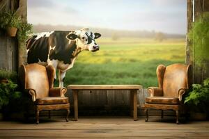 vaches prendre plaisir une rustique en bois espace, incarnant pastorale sérénité ai généré photo