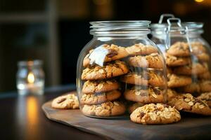 délicieux gluten gratuit cacahuète beurre flocons d'avoine biscuits dans une verre pot ai généré photo