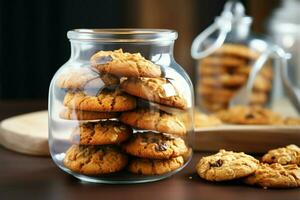 délicieux gluten gratuit cacahuète beurre flocons d'avoine biscuits dans une verre pot ai généré photo