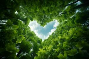 forêt canopée, bas voir, ciel formes une cœur forme magnifique ai généré photo