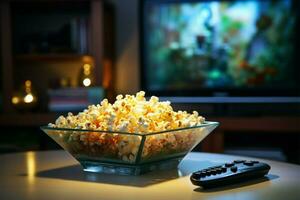 pop corn rempli verre bol à côté de une travail la télé, création une confortable soir ai généré photo