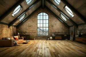 spacieux grenier inspiré chambre grand fenêtre, contemporain décor, en bois planchers ai généré photo