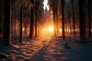 couchers de soleil lueur ornant le hivernal les bois, une tranquille hiver scène ai généré photo