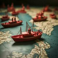 de premier plan le façon rouge bateau guides papier flotte sur monde carte, symbolisant travail en équipe pour social médias Publier Taille ai généré photo