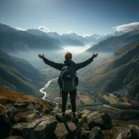 Matin vue, routards dos, bras tendu, savourer brumeux Montagne intervalle beauté pour social médias Publier Taille ai généré photo