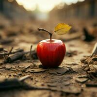 Pomme sur désert sol symbolise l'eau rareté, faim, agricole défis parmi climat changement pour social médias Publier Taille ai généré photo