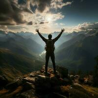 pics triomphe, réussi homme promeneur saveurs voir, conquête tous les deux Montagne et périple pour social médias Publier Taille ai généré photo