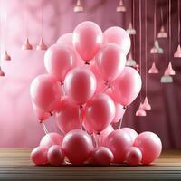 rose fête plaisir, 3d des ballons ajouter charme à cette anniversaire arrière-plan, offre copie espace pour social médias Publier Taille ai généré photo