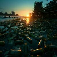 côte gâché par mis au rebut Plastique et débris, incarnant terrible plage la pollution conséquences pour social médias Publier Taille ai généré photo