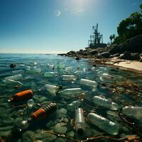 littoral encombré avec mis au rebut articles, notamment Plastique bouteilles, illustrant plage la pollution pour social médias Publier Taille ai généré photo