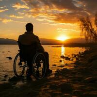 silhouette fauteuil roulant utilisateur, contre une vibrant coucher de soleil, incarnant résistance et force pour social médias Publier Taille ai généré photo