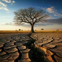 solitaire arbre grandit sur fissuré atterrir, illustrant climat changements sécheresse conduit conséquences pour social médias Publier Taille ai généré photo