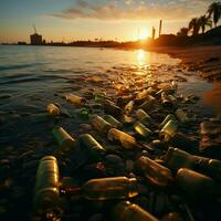 poubelle monté paysage de plage, Plastique bouteilles accentuant le impact de côtier la pollution pour social médias Publier Taille ai généré photo