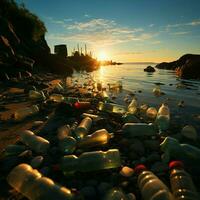 poubelle monté paysage de plage, Plastique bouteilles accentuant le impact de côtier la pollution pour social médias Publier Taille ai généré photo