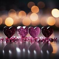 vibrant valentines afficher panoramique magenta, rose rouge cœurs, et étincelant bokeh Contexte pour social médias Publier Taille ai généré photo
