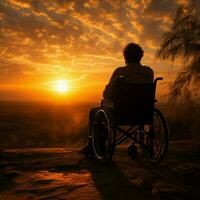 fauteuil roulant lié silhouette, symbolisant responsabilisation parmi une couchers de soleil d'or teintes pour social médias Publier Taille ai généré photo