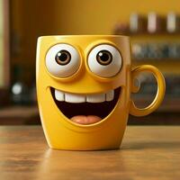 de bonne humeur café tasse personnage souriant, ensemble sur Jaune toile de fond ample copie zone pour social médias Publier Taille ai généré photo