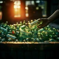 détaillé coup éco conscient main jette Plastique bouteille dans recyclage poubelle, promouvoir recyclage pour social médias Publier Taille ai généré photo