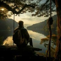 embrassement norvégien les matins calme, homme sur hamac admire Lac vue entre pins pour social médias Publier Taille ai généré photo