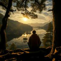 embrassement norvégien les matins calme, homme sur hamac admire Lac vue entre pins pour social médias Publier Taille ai généré photo