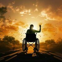 habilitant silhouette fauteuil roulant lié figure contre coucher de soleil, incorporant force et persévérance pour social médias Publier Taille ai généré photo