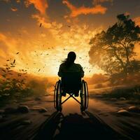 habilitant silhouette fauteuil roulant lié figure contre coucher de soleil, incorporant force et persévérance pour social médias Publier Taille ai généré photo