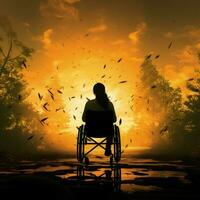 habilitant silhouette fauteuil roulant lié figure contre coucher de soleil, incorporant force et persévérance pour social médias Publier Taille ai généré photo