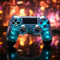 absorbé dans bleu à thème vidéo jeu, manette proche en haut améliore en retard nuit gameplay pour social médias Publier Taille ai généré photo