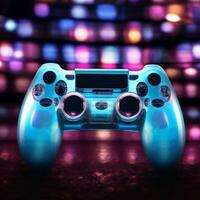 absorbé dans bleu à thème vidéo jeu, manette proche en haut améliore en retard nuit gameplay pour social médias Publier Taille ai généré photo