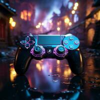 absorbé dans bleu à thème vidéo jeu, manette proche en haut améliore en retard nuit gameplay pour social médias Publier Taille ai généré photo