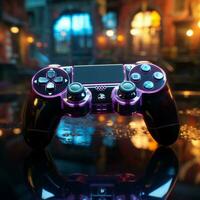 absorbé dans bleu à thème vidéo jeu, manette proche en haut améliore en retard nuit gameplay pour social médias Publier Taille ai généré photo