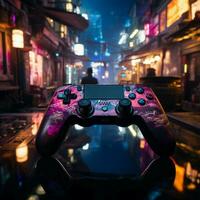 jeu à nuit avec manette, illustrant en retard nuit vidéo Jeu habitude pour social médias Publier Taille ai généré photo