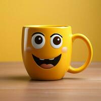 adorable café tasse personnage sur Jaune toile de fond, sportif une sourire copie amical atmosphère pour social médias Publier Taille ai généré photo