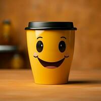 adorable café tasse personnage sur Jaune toile de fond, sportif une sourire copie amical atmosphère pour social médias Publier Taille ai généré photo