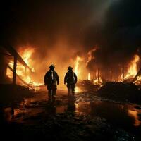 héroïque sapeurs pompiers combat pétrole Feu avec tournoiement brouillard, freiner flammes, donner la priorité industriel sécurité pour social médias Publier Taille ai généré photo