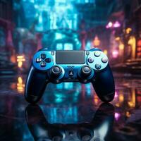 immergé dans bleu à thème vidéo jeu, proche en haut de manette améliore en retard nuit jeu ambiance pour social médias Publier Taille ai généré photo