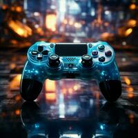 immergé dans bleu à thème vidéo jeu, proche en haut de manette améliore en retard nuit jeu ambiance pour social médias Publier Taille ai généré photo