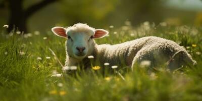 mignonne content agneau sur le champ, mouton. génératif ai photo