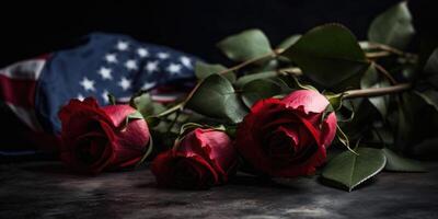 Amérique jour, des roses et soldats bottes sur le Contexte de le américain drapeau. génératif ai photo