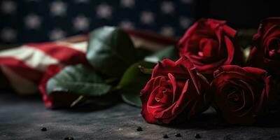 Amérique jour, des roses et soldats bottes sur le Contexte de le américain drapeau. génératif ai photo