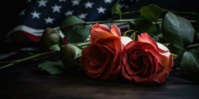 Amérique jour, des roses et soldats bottes sur le Contexte de le américain drapeau. génératif ai photo