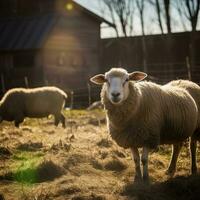 mignonne content agneau sur le champ, mouton. génératif ai photo