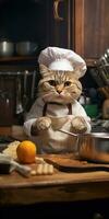 marrant chat prépare nourriture dans le cuisine. génératif ai photo