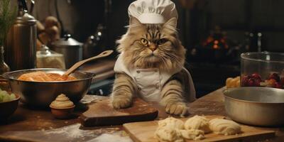 marrant chat prépare nourriture dans le cuisine. génératif ai photo