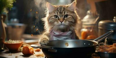 marrant chat prépare nourriture dans le cuisine. génératif ai photo